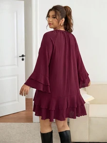 Lounesse Plus Size Women Solid Color Round Neck Flare Sleeve Loose Fit Dress - Red - View 5