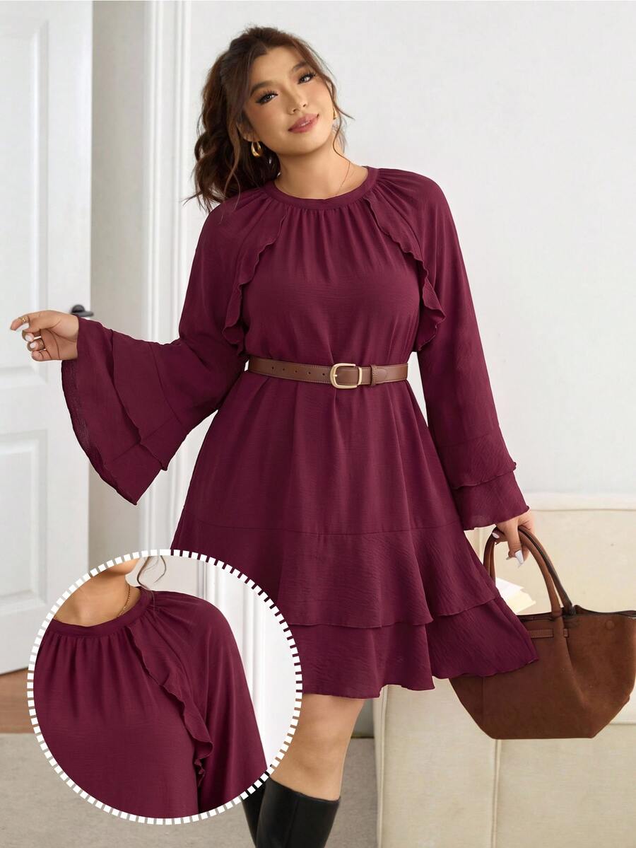 Lounesse Plus Size Women Solid Color Round Neck Flare Sleeve Loose Fit Dress