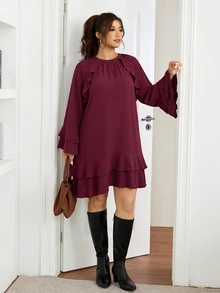 Lounesse Plus Size Women Solid Color Round Neck Flare Sleeve Loose Fit Dress - Red - View 6