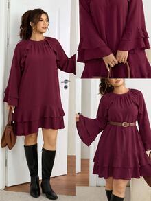 Lounesse Plus Size Women Solid Color Round Neck Flare Sleeve Loose Fit Dress - Red - View 8