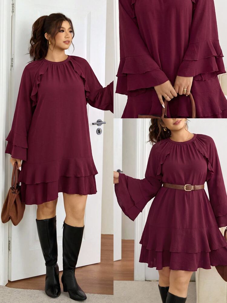Lounesse Plus Size Women Solid Color Round Neck Flare Sleeve Loose Fit Dress - Red - View 7