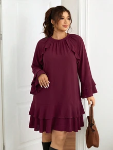 Lounesse Plus Size Women Solid Color Round Neck Flare Sleeve Loose Fit Dress - Red - View 9