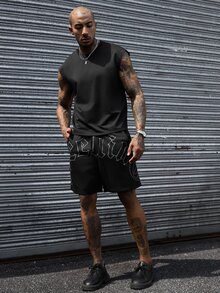 SLATEMANN Men's Summer Casual Letter Print Tank Top And Shorts Set, Holiday - Black - View 1