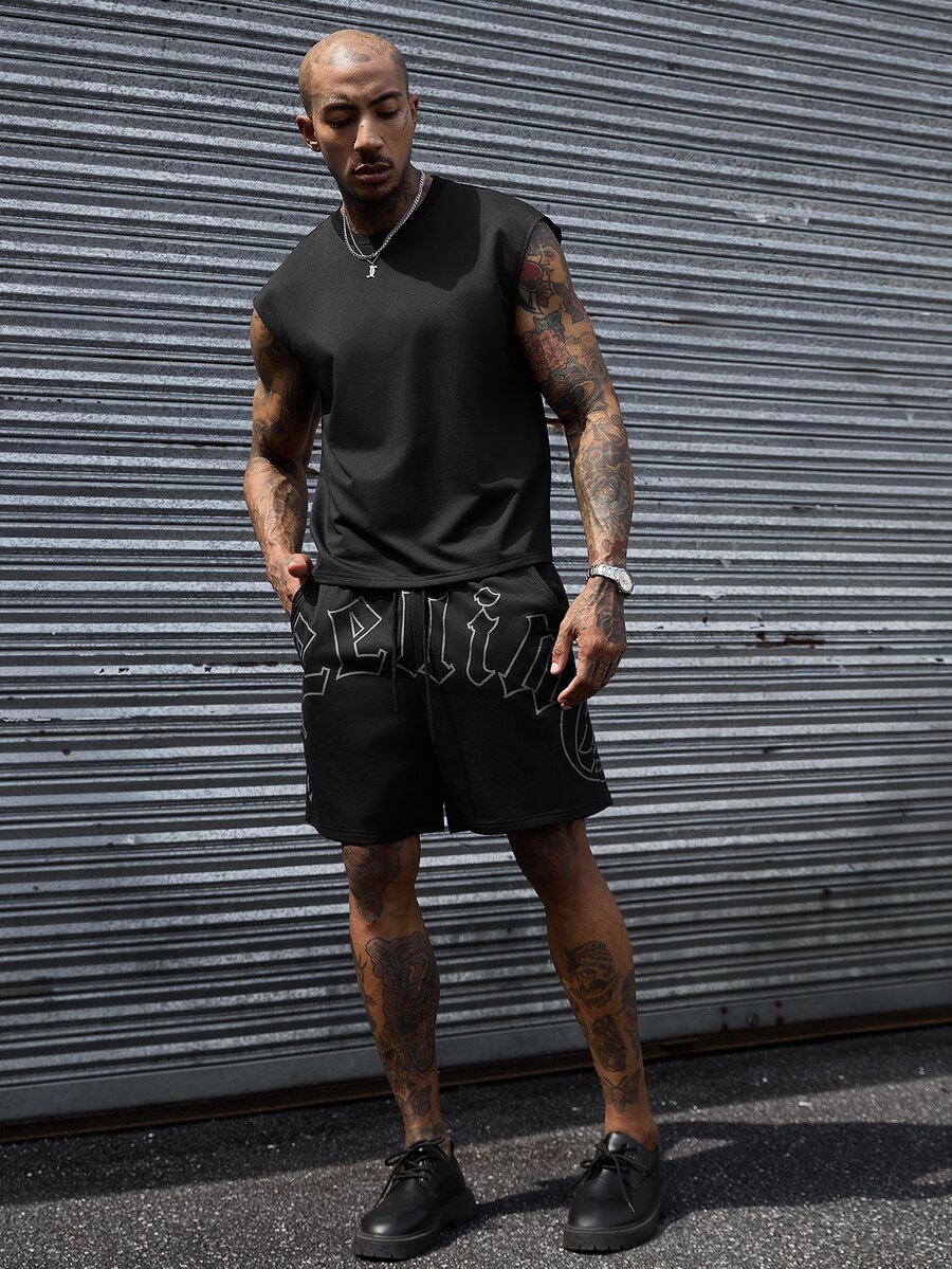 SLATEMANN Men's Summer Casual Letter Print Tank Top And Shorts Set, Holiday - Black - View 1