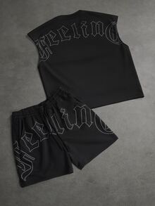 SLATEMANN Men's Summer Casual Letter Print Tank Top And Shorts Set, Holiday - Black - View 2