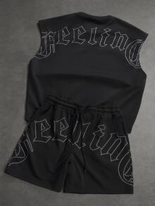 SLATEMANN Men's Summer Casual Letter Print Tank Top And Shorts Set, Holiday - Black - View 7