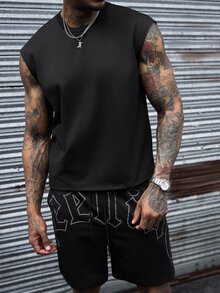 SLATEMANN Men's Summer Casual Letter Print Tank Top And Shorts Set, Holiday - Black - View 3