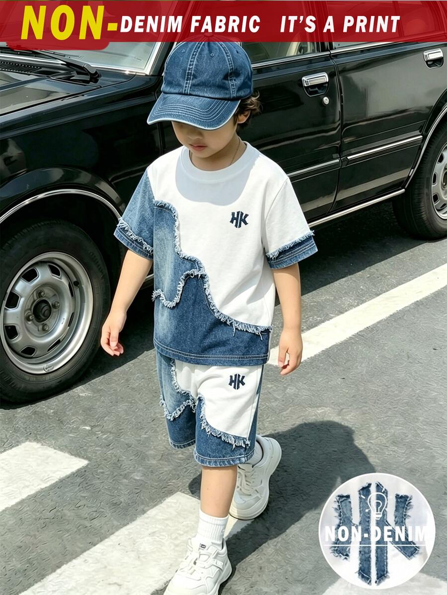 [Denim Effect] 2件組小男孩酷炫印花設計，英文字母印花時尚圓領短袖T恤與運動短褲套裝，適合假期派對、春夏休閒舒適、夏季必備穿搭、時尚休閒造型、春夏街頭風、外出休閒穿著、返校派對、適合戶外野餐