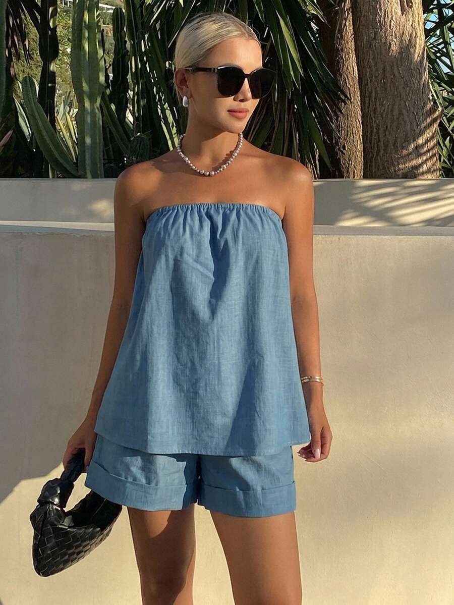 Livesso 夏季牛仔效果水藍色細肩帶上衣與短褲兩件套,寬鬆版型,女款休閒居家套裝,適合海灘度假,端莊隨性 - 藍色 - 查看 1