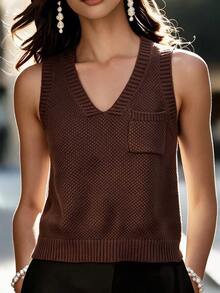 Omancia Women's Solid Color V-Neck Casual Versatile Pocket Knit Vest - Coffee Brown - View 6