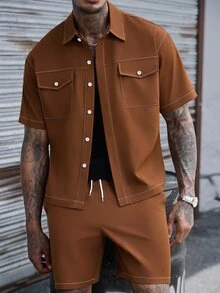 SLATEMANN Men's Versatile Single-Breasted Short Sleeve Shirt And Drawstring Waist Pocket Casual Shorts Set - Brown - View 2