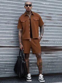 SLATEMANN Men's Versatile Single-Breasted Short Sleeve Shirt And Drawstring Waist Pocket Casual Shorts Set - Brown - View 1