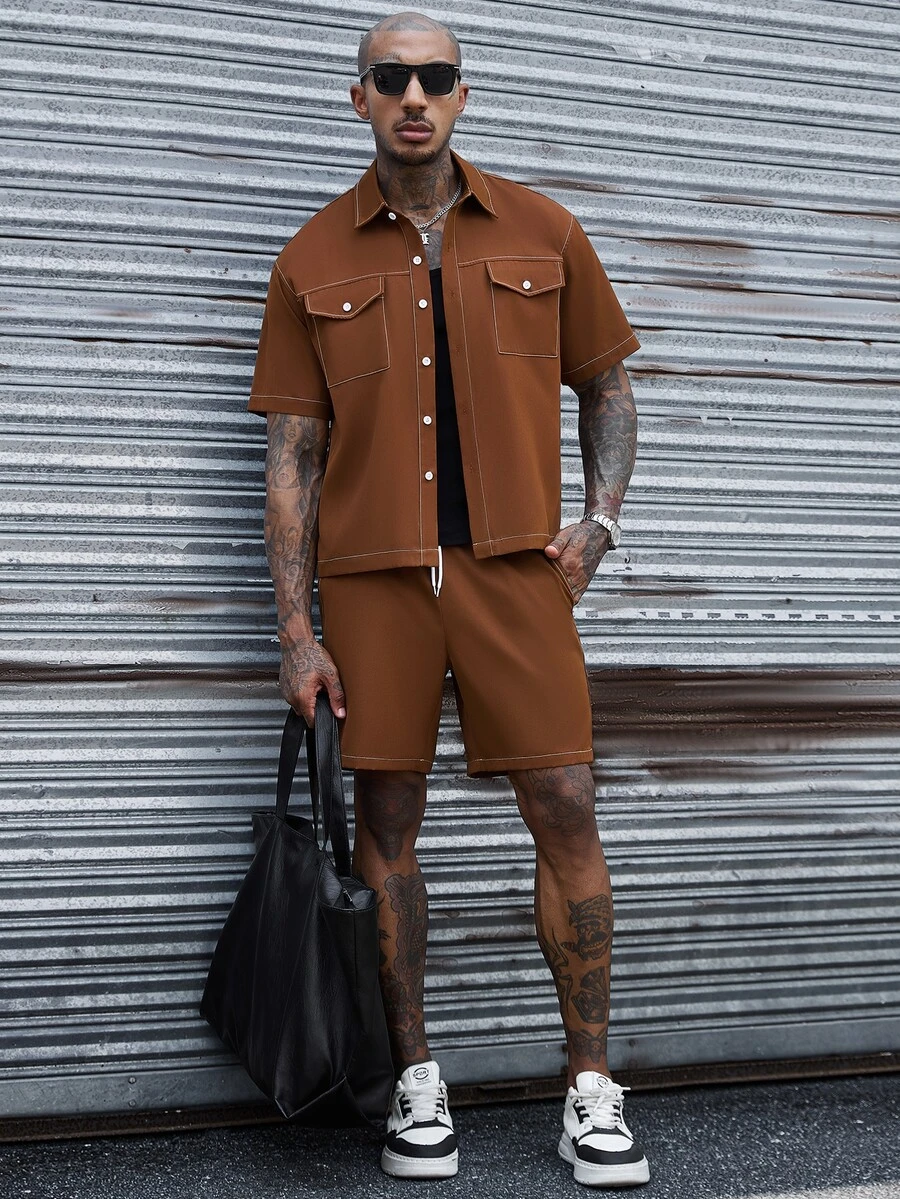 SLATEMANN Men's Versatile Single-Breasted Short Sleeve Shirt And Drawstring Waist Pocket Casual Shorts Set - Brown - View 1