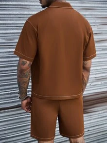 SLATEMANN Men's Versatile Single-Breasted Short Sleeve Shirt And Drawstring Waist Pocket Casual Shorts Set - Brown - View 3