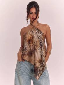 SHEIN BAE 女款豹紋休閒百搭日常穿搭掛脖上衣 - 彩色 - 查看 7
