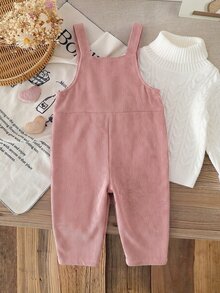 SHEIN Baby Girl Thermal Lined Corduroy Fabric Adjustable Strap Decor 3D Bear Embroidery Pattern Casual Diagonal Pocket Overalls Suitable For Winter - Dusty Pink - View 2