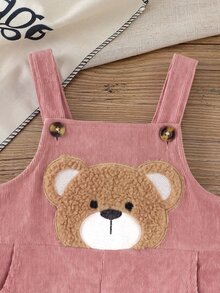 SHEIN Baby Girl Thermal Lined Corduroy Fabric Adjustable Strap Decor 3D Bear Embroidery Pattern Casual Diagonal Pocket Overalls Suitable For Winter - Dusty Pink - View 4