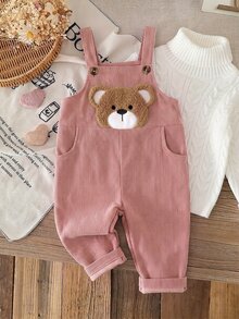 SHEIN Baby Girl Thermal Lined Corduroy Fabric Adjustable Strap Decor 3D Bear Embroidery Pattern Casual Diagonal Pocket Overalls Suitable For Winter - Dusty Pink - View 1