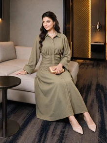 Dripcurv Plus Size Minimalist Vacation Button Striped Pleated Waist Dress - Khaki - View 4