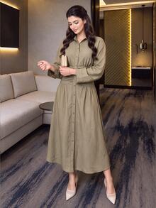 Dripcurv Plus Size Minimalist Vacation Button Striped Pleated Waist Dress - Khaki - View 5