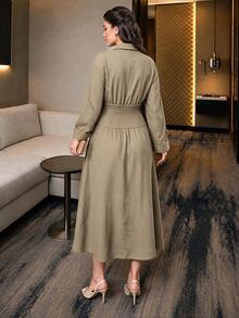 Dripcurv Plus Size Minimalist Vacation Button Striped Pleated Waist Dress - Khaki - View 2