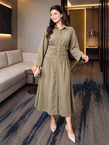 Dripcurv Plus Size Minimalist Vacation Button Striped Pleated Waist Dress - Khaki - View 1