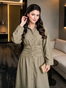Dripcurv Plus Size Minimalist Vacation Button Striped Pleated Waist Dress - Khaki - View 3