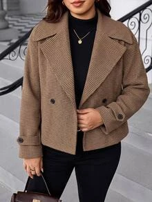 Comfylo Plus Size Women's Wool Blend Small Plaid Jacquard Lapel Short Jacket, Fashionable Versatile Casual Daily Wear For Autumn/Winter - Multicolor - View 8