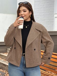 Comfylo Plus Size Women's Wool Blend Small Plaid Jacquard Lapel Short Jacket, Fashionable Versatile Casual Daily Wear For Autumn/Winter - Multicolor - View 6