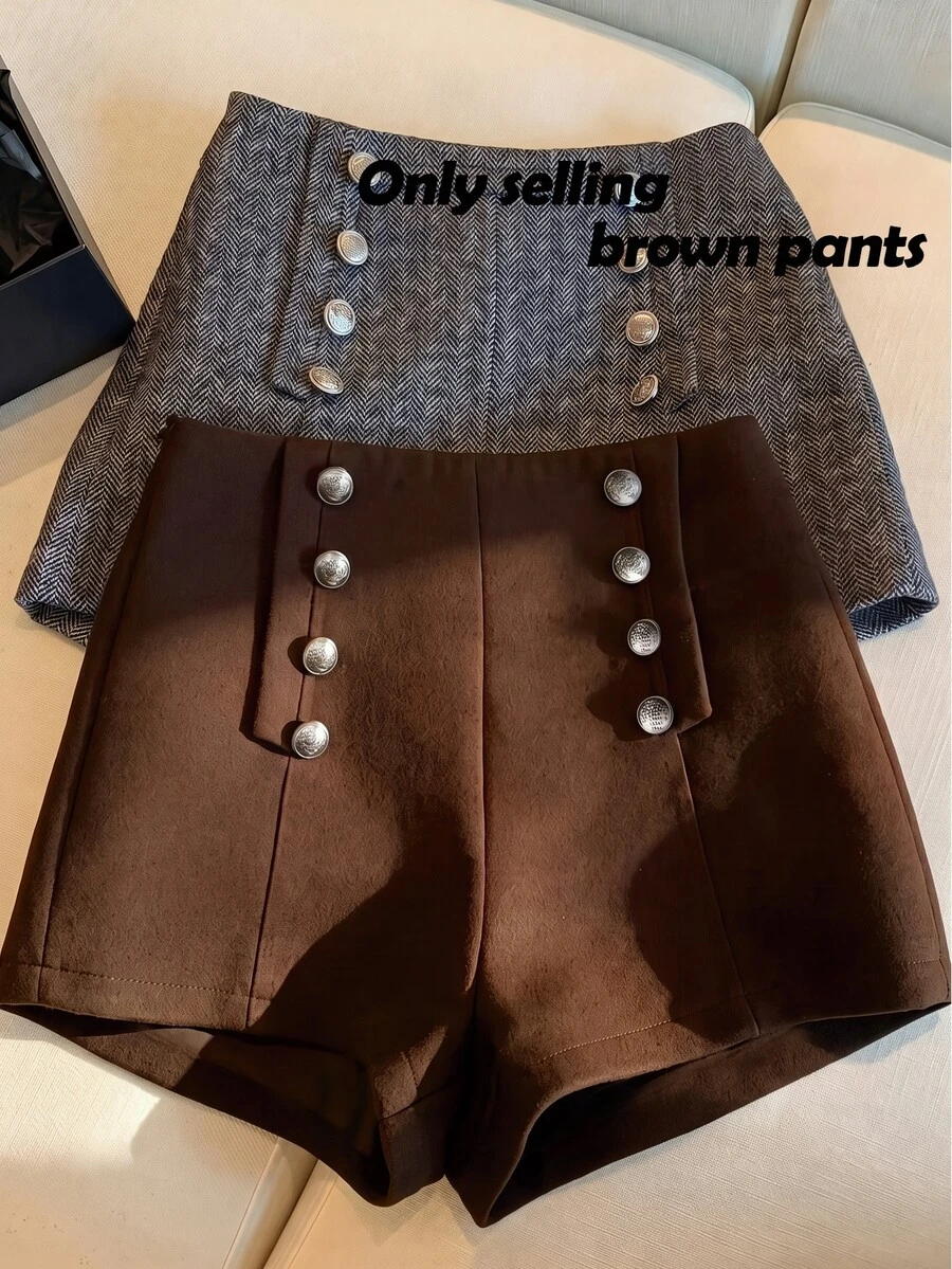 SHEIN Franclia 女款冬季短褲、女款黑色短褲、女款休閒外出短褲、女款法式短褲、女款通勤短褲 - 咖啡棕 - 查看 1