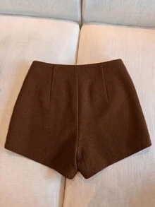 SHEIN Franclia 女款冬季短褲、女款黑色短褲、女款休閒外出短褲、女款法式短褲、女款通勤短褲 - 咖啡棕 - 查看 2