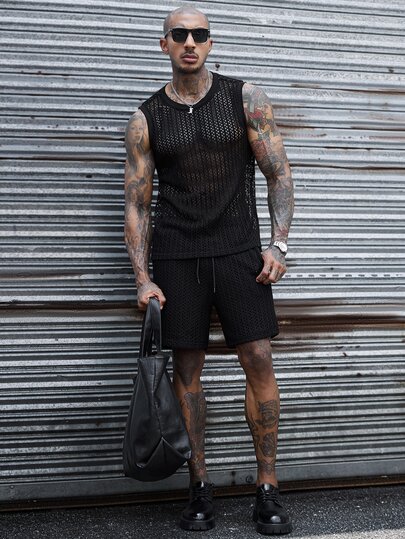 SLATEMANN Conjunto de camiseta de tirantes de cuello redondo de tela de malla cómoda y pantalones cortos con cintura elástica y cordón para hombres, estilo casual para vacaciones, fiestas, oficina diaria, negocios minimalistas, conjunto de camiseta de tirantes estilo Yamamoto, adecuado para uso personal o como regalo para amigos