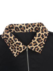 SHEIN Women's Fall Winter Knit Black Color Block Leopard Print Long Sleeve T-Shirt,Half Zip,Leopard Spliced Collar & Cuffs,Elegant For Commute And Halloween - Black - View 5