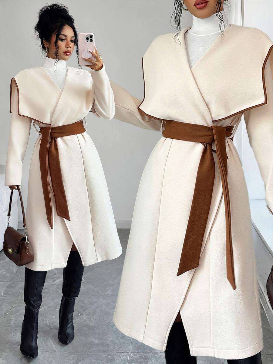 Elenzga 1pc Contrast Binding Waterfall Collar Belted Overcoat - Multicolor - View 1