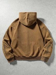 ROMWE MEN Men's Fashion Saint Print Distressed Brown Zip-Up Hoodie Jacket - Brown - View 2