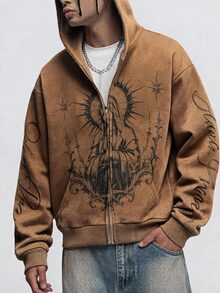ROMWE MEN Men's Fashion Saint Print Distressed Brown Zip-Up Hoodie Jacket - Brown - View 5