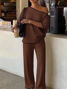 Siren Gaze 秋季女款休閒兩件套服裝，黑色滾邊優雅運動度假風 Y2K 鄉村基本款飾邊不對稱領上衣與長褲套裝 - 棕色 - 查看 8