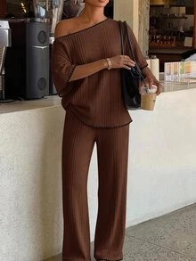 Siren Gaze 秋季女款休閒兩件套服裝，黑色滾邊優雅運動度假風 Y2K 鄉村基本款飾邊不對稱領上衣與長褲套裝 - 棕色 - 查看 6