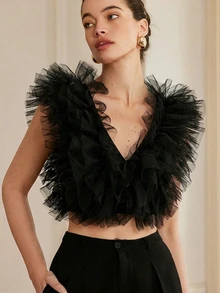 BELROSIE Elegant Versatile V-Neck Chiffon Layered Ruffle Trim Camisole - Black - View 1