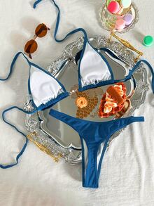 Swim Basics Summer Beach Ring Linked Halter Triangle Bikini Set - Blue - View 3