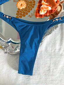 Swim Basics Summer Beach Ring Linked Halter Triangle Bikini Set - Blue - View 5