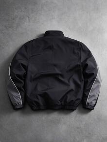 PAVTROS Men's Black & Grey Colorblock Sports Jacket, Loose Fit White Trim Stand Collar Jacket, Retro Sporty Style, Suitable For Streetwear And Urban Daily Occasions - Dark Grey - View 2