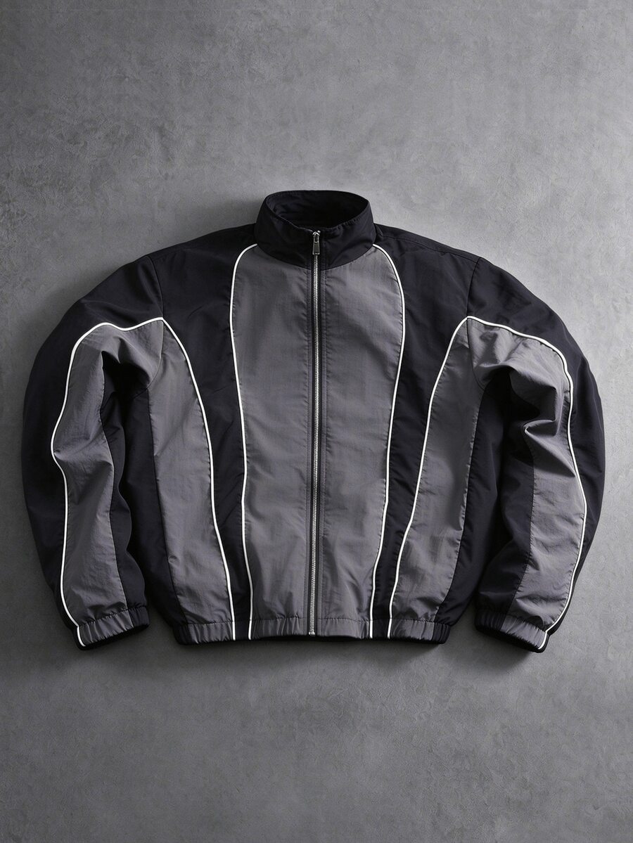PAVTROS Men's Black & Grey Colorblock Sports Jacket, Loose Fit White Trim Stand Collar Jacket, Retro Sporty Style, Suitable For Streetwear And Urban Daily Occasions - Dark Grey - View 1