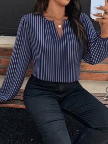 SHEIN VCAY Plus Size Elegant Commuter Striped Long Sleeve Shirt, Autumn/Winter - Multicolor - View 6