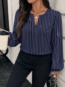 SHEIN VCAY Plus Size Elegant Commuter Striped Long Sleeve Shirt, Autumn/Winter - Multicolor - View 4