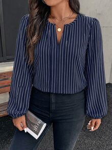 SHEIN VCAY Plus Size Elegant Commuter Striped Long Sleeve Shirt, Autumn/Winter - Multicolor - View 3