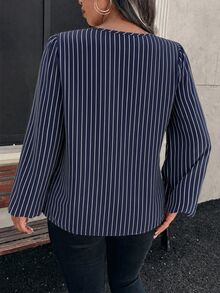 SHEIN VCAY Plus Size Elegant Commuter Striped Long Sleeve Shirt, Autumn/Winter - Multicolor - View 2
