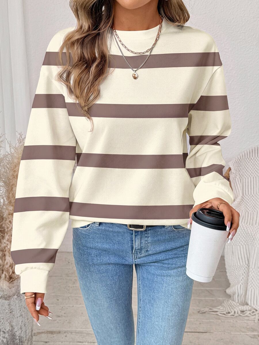 SHEIN LUNE 女款街頭風條紋拼接配色長袖運動衫 - 白色 - 查看 1