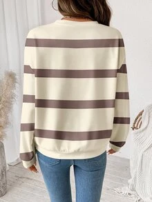 SHEIN LUNE 女款街頭風條紋拼接配色長袖運動衫 - 白色 - 查看 2