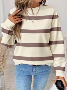 SHEIN LUNE 女款街頭風條紋拼接配色長袖運動衫 - 白色 - 查看 3
